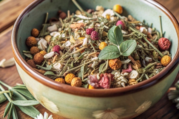 Травяной чай, сладости и фрукты